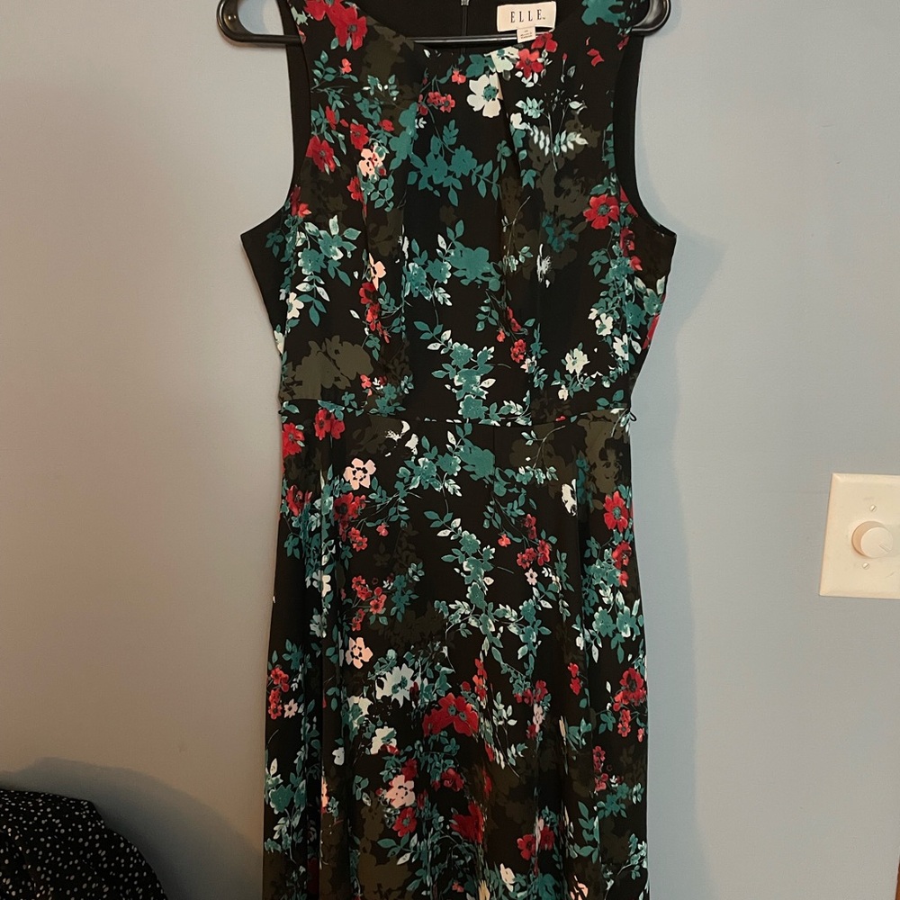 Elle Black Dress with Red and Blue Floral Pattern